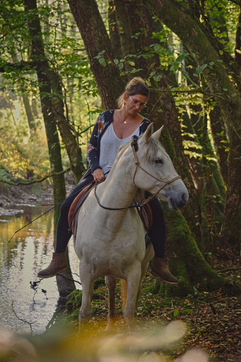 Cavalière avec son cheval longeant une rivière en forêt