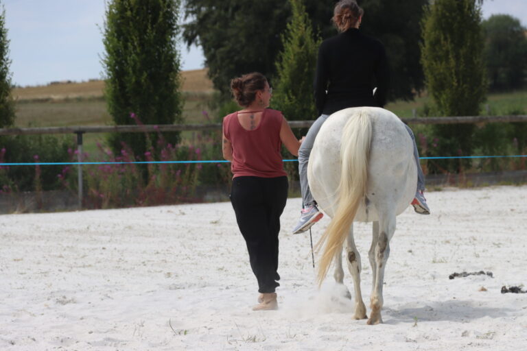 Anne Catherine menant un cheval en longe pendant un cours d'équitation SensASion